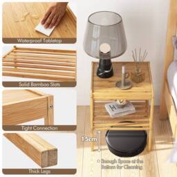VOGREX 2Pcs Bamboo Side Tables with Large Storage Shelf in Beige - thumbnail 2