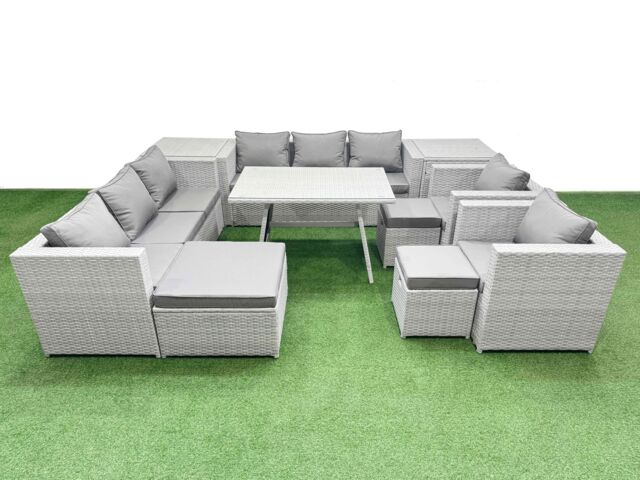 Fimous 11 Seater Garden Furniture Set with 3 Stool 2 Side Tables Light Grey - image 1