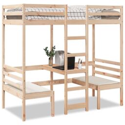 Berkfield Home Loft Bed Frame with Desk & Chairs 75x190cm Solid Wood Pine in Brown - Size: 75x190 cm - thumbnail 1