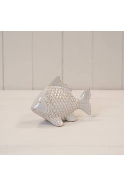 KDMD White Charming Glazed Ceramic Fish Ornament with Textured Detail in Off-White - image 1