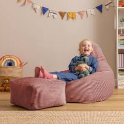 icon Kids Bean Bag Recliner & Footstool Bundle, Jumbo Cord in Pink - Size: Medium - thumbnail 2