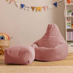 icon Kids Bean Bag Recliner & Footstool Bundle, Jumbo Cord in Pink - Size: Medium - thumbnail 1