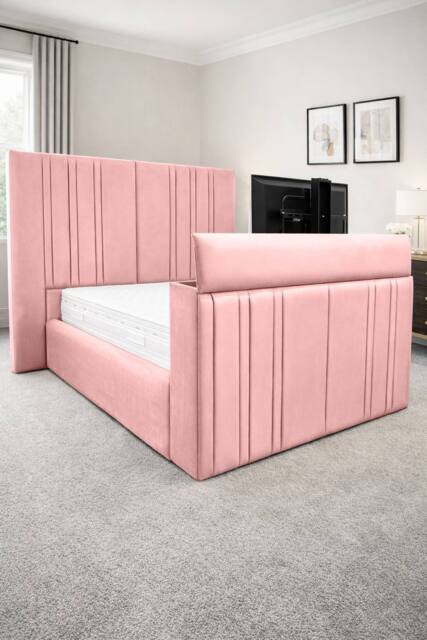 PARADISE BEDS LTD Smart Screen Velvet Upholstered Smart TV Bed Frame - Plush Velvet in Light Pink - Size: Single - image 1