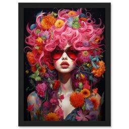 Artery8 Wall Art Print Flowerpunk Woman with Pink Hair & Flowers Vibrant Artwork Orange Pink Blue on Black High Detail Portrait Artwork Framed A4 - thumbnail 1