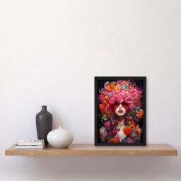 Artery8 Wall Art Print Flowerpunk Woman with Pink Hair & Flowers Vibrant Artwork Orange Pink Blue on Black High Detail Portrait Artwork Framed A4 - thumbnail 2