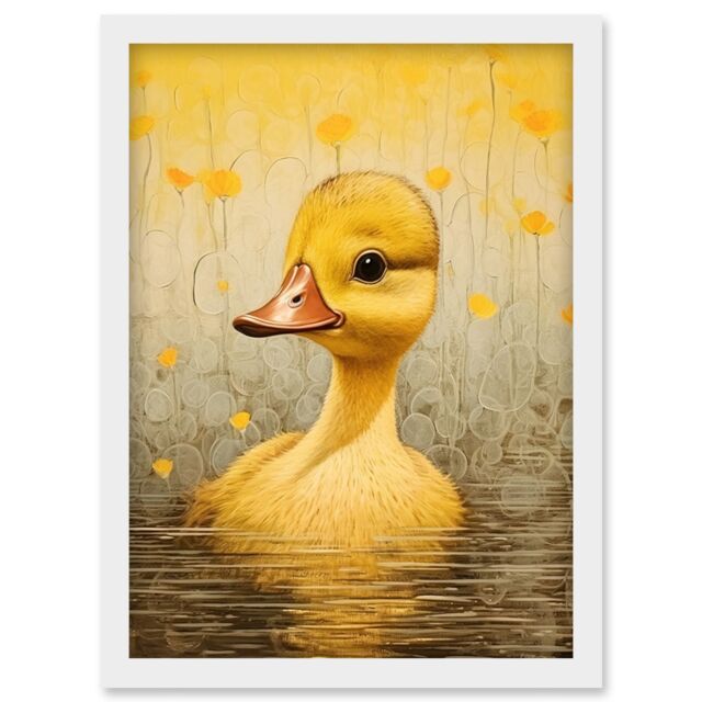 Artery8 Wall Art Print Yellow Duckling Kids Bedroom Baby Nursery Calm Elegant Artwork Framed A4 in White - image 1