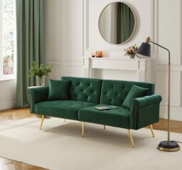 Matteo 2-Seater Sofa Bed with 3-Stage Adjustable Backrest & Gold Metal Legs in Green - thumbnail 8