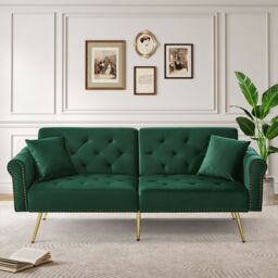 Matteo 2-Seater Sofa Bed with 3-Stage Adjustable Backrest & Gold Metal Legs in Green - thumbnail 9