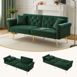 Matteo 2-Seater Sofa Bed with 3-Stage Adjustable Backrest & Gold Metal Legs in Green - thumbnail 2