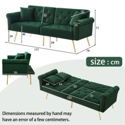 Matteo 2-Seater Sofa Bed with 3-Stage Adjustable Backrest & Gold Metal Legs in Green - thumbnail 5