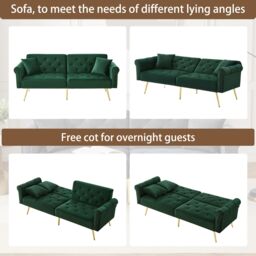 Matteo 2-Seater Sofa Bed with 3-Stage Adjustable Backrest & Gold Metal Legs in Green - thumbnail 4