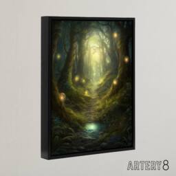 "Artery8 Fairy Land Enchanted Forest Path Fantasy Framed Canvas Wall Art Print in Green - Size: W24"" x H32""" - thumbnail 2