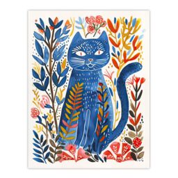 "Artery8 Russian Blue Cat Lover Fun Botanical Folk Art Wall Art Print - Size: W18"" x H24""" - thumbnail 1