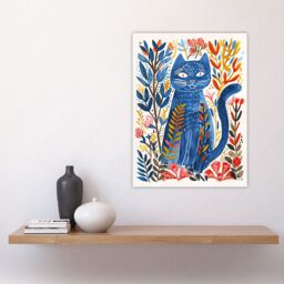 "Artery8 Russian Blue Cat Lover Fun Botanical Folk Art Wall Art Print - Size: W18"" x H24""" - thumbnail 4