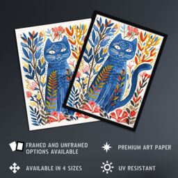 "Artery8 Russian Blue Cat Lover Fun Botanical Folk Art Wall Art Print - Size: W18"" x H24""" - thumbnail 2
