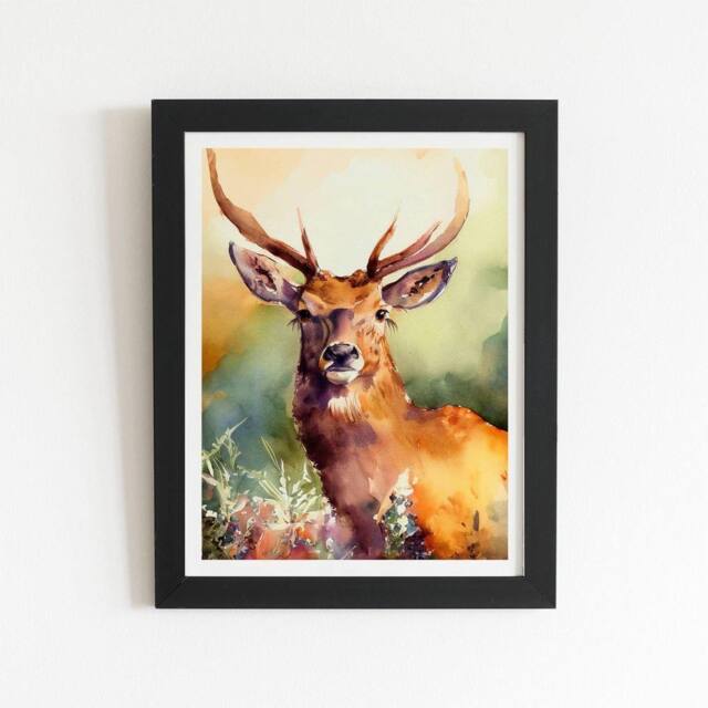 "Warren Reed - Designer Splendid Stag Watercolour Framed Art Print in Black - Size: W20"" x H30""" - image 1