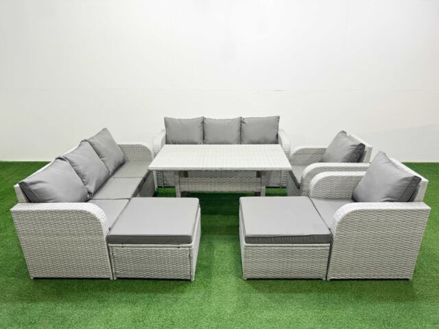 Fimous PE Rattan High Back Lounge Sofa Set Patio Rectangular Dining Table & Chairs Set with 3 Seater Sofa Reclining Chair 2 Big Footstool Light Grey - image 1
