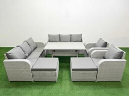 Fimous PE Rattan High Back Lounge Sofa Set Patio Rectangular Dining Table & Chairs Set with 3 Seater Sofa Reclining Chair 2 Big Footstool Light Grey - thumbnail 2