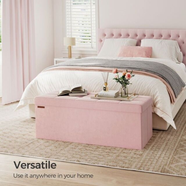 SONGMICS Extra Large Foldable Storage Ottoman Cube Heavy Duty Bench in Light Pink - image 1