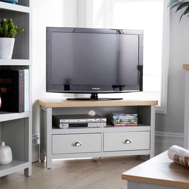 Home Source Oak Corner TV Stand Two Tone 1 Drawer Cabinet Television 36mm Top in Grey - image 1