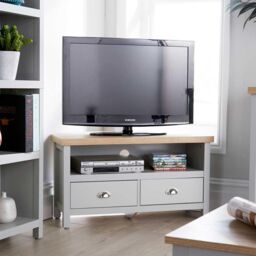 Home Source Oak Corner TV Stand Two Tone 1 Drawer Cabinet Television 36mm Top in Grey - thumbnail 1
