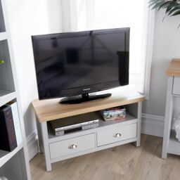 Home Source Oak Corner TV Stand Two Tone 1 Drawer Cabinet Television 36mm Top in Grey - thumbnail 5