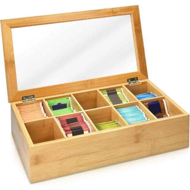 FLAVORA 10 Compartment Bamboo Tea Coffee Bag Storage Box in Natural - Size: 500mm - image 1