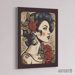 "Artery8 Pin Up Floral Rockabilly Tattoo Style Canvas Wall Art Print in Red - Size: W18"" x H24""" - thumbnail 2