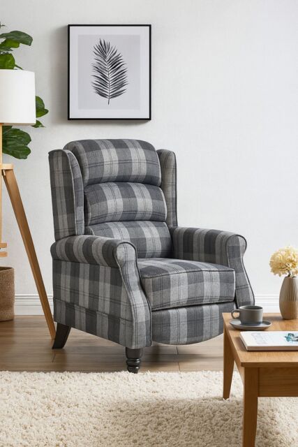 LUXURY LIFE Eaton Tartan Fabric Armchair Manual Push Back Recliner in Grey - image 1