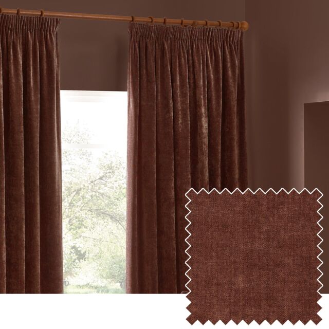 Yard Heavy Chenille Velvet Room Darkening Pencil Pleat Curtain Pair in Dark Brown - Size: 229 cm width x 183 cm drop - image 1