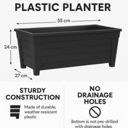 Havendro 4 x Large Black Plastic Planters Garden Flower Pots Troughs 55cm - thumbnail 2