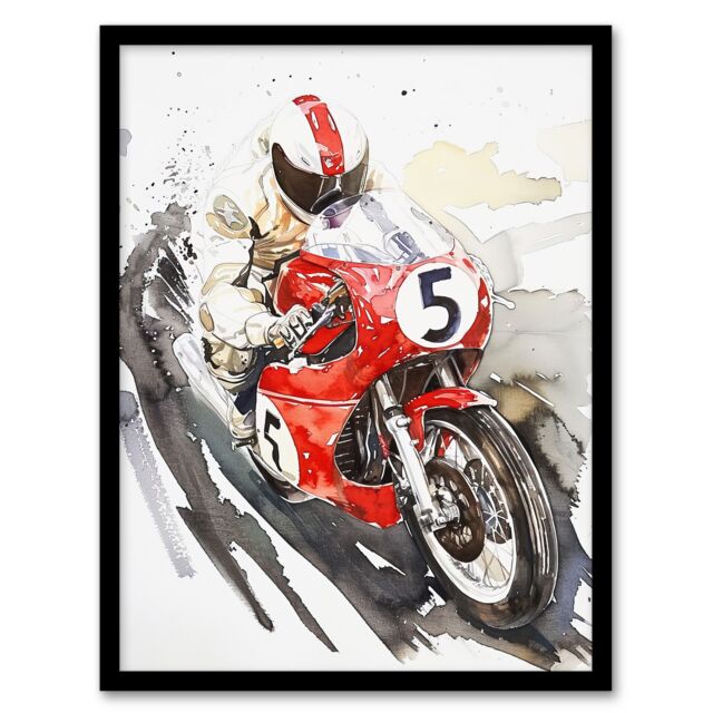 "Artery8 Red Motorcycle Race Sport Event Watercolour Framed Wall Art - Size: W12"" x H16""" - image 1