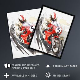 "Artery8 Red Motorcycle Race Sport Event Watercolour Framed Wall Art - Size: W12"" x H16""" - thumbnail 2