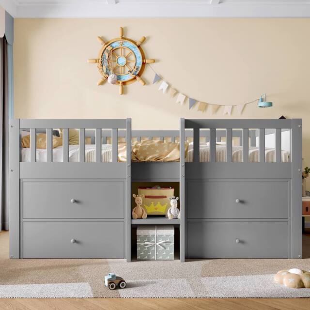 Merax 3FT Single Wooden Low Loft Storage Bed Mid Sleeper Bed with Drawers in Grey - image 1