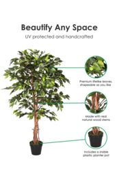 Homescapes Luxury 4ft Ficus Tree Artificial Plant, Real Stem, Black Pot, 120cm in Green - thumbnail 2