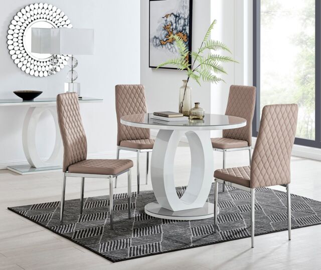 FurnitureboxUK Giovani Round 4 Seat 100cm White High Gloss Halo Base Grey Glass Top Dining Table 4 Soft Faux Leather Silver Leg Milan Chairs in Beige - image 1