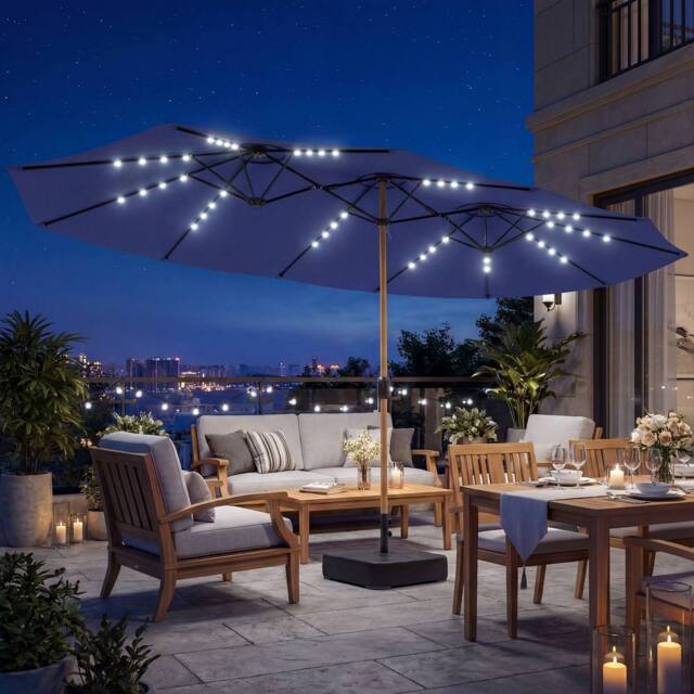 OUTSUNNY 4.6m Double Sided Garden Parasol with 48 Solar LED Lights in Dark Blue - Size: 4.5m - image 1