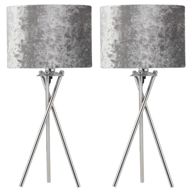 First Choice Lighting Set of 2 Chrome Tripod Table Lamps with Grey Crushed Velvet Shades in Silver - image 1