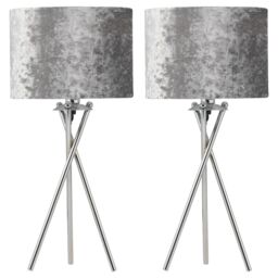 First Choice Lighting Set of 2 Chrome Tripod Table Lamps with Grey Crushed Velvet Shades in Silver