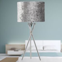 First Choice Lighting Set of 2 Chrome Tripod Table Lamps with Grey Crushed Velvet Shades in Silver - thumbnail 5