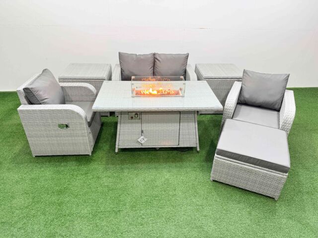 Fimous Light Grey PE Wicker Rattan Garden Furniture Set Sofa Set Reclining Chair Firepit Dining Table 5 Seater With Footstool 2 Side Table - image 1