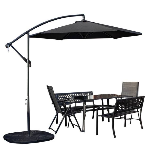Samuel Alexander Outdoor 6 Person Glass Top Table Benches & Chairs, Banana Parasol & Base in Black - image 1