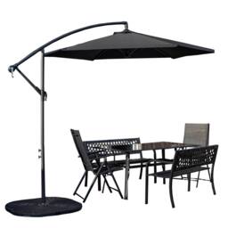 Samuel Alexander Outdoor 6 Person Glass Top Table Benches & Chairs, Banana Parasol & Base in Black - thumbnail 1