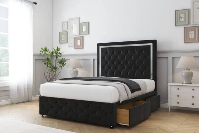 "Comfort Beds Sofia Chrome Plush Divan Base 2 Drawers - 26"" Headboard-Footboard in Black - Size: King" - image 1