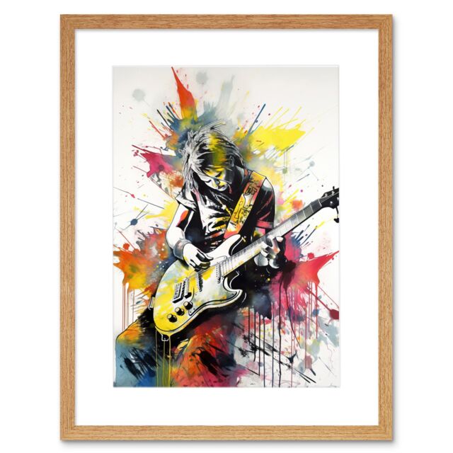 "Artery8 Wall Art Print Guitarist Playing Electric Guitar Music Solo Vibrant Modern Splat Paint Watercolour Artwork Framed 9X7 Inch - Size: W7"" x H9""" - image 1