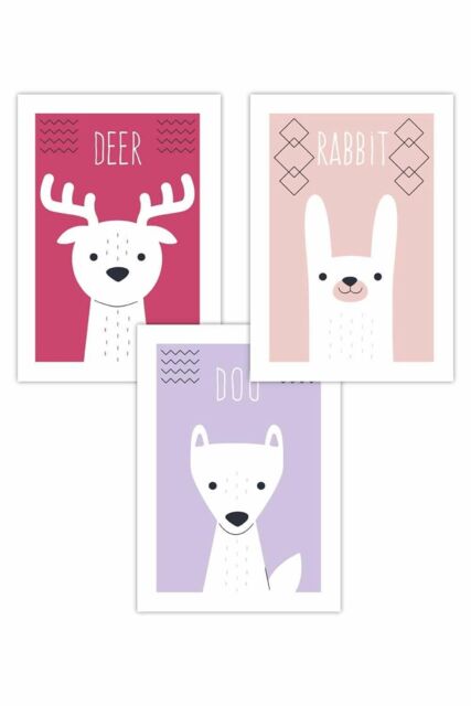 ARTZE Women's Set of 3 Scandi Nursery Forest Animals Pink Lilac Art Posters in Pale Pink - Size: W30 cm x H42 cm - image 1