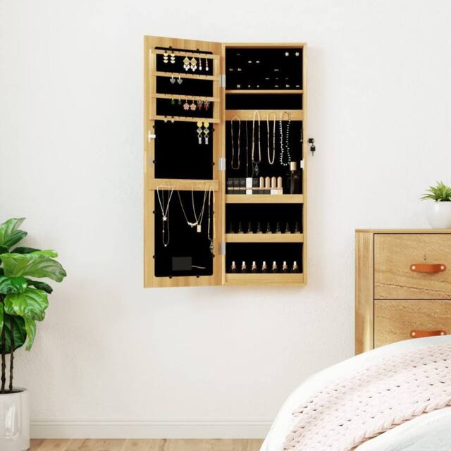 Berkfield Home Mirror Jewellery Cabinet with LED Lights Wall Mounted in Brown - image 1