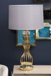 Orsina Curved Wireframe Table Lamp With Crystal Bands, Grey Fabric Shade Accent Light, Decorative Lighting Fixture in Gold - thumbnail 2