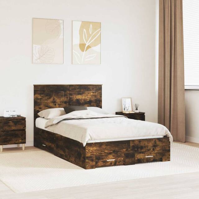 Berkfield Home Bed Frame with Drawer Smoked Oak 120 x 200 cm Engineered Wood in Brown - image 1