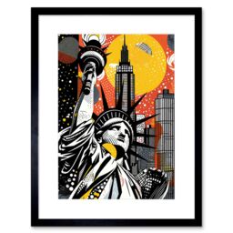 "Artery8 Wall Art Print New York Collage Halftone Pop Art Comic Book Statue of Liberty Skyscraper Abstract Artwork Framed 9X7 Inch - Size: W7"" x H9""" - thumbnail 1